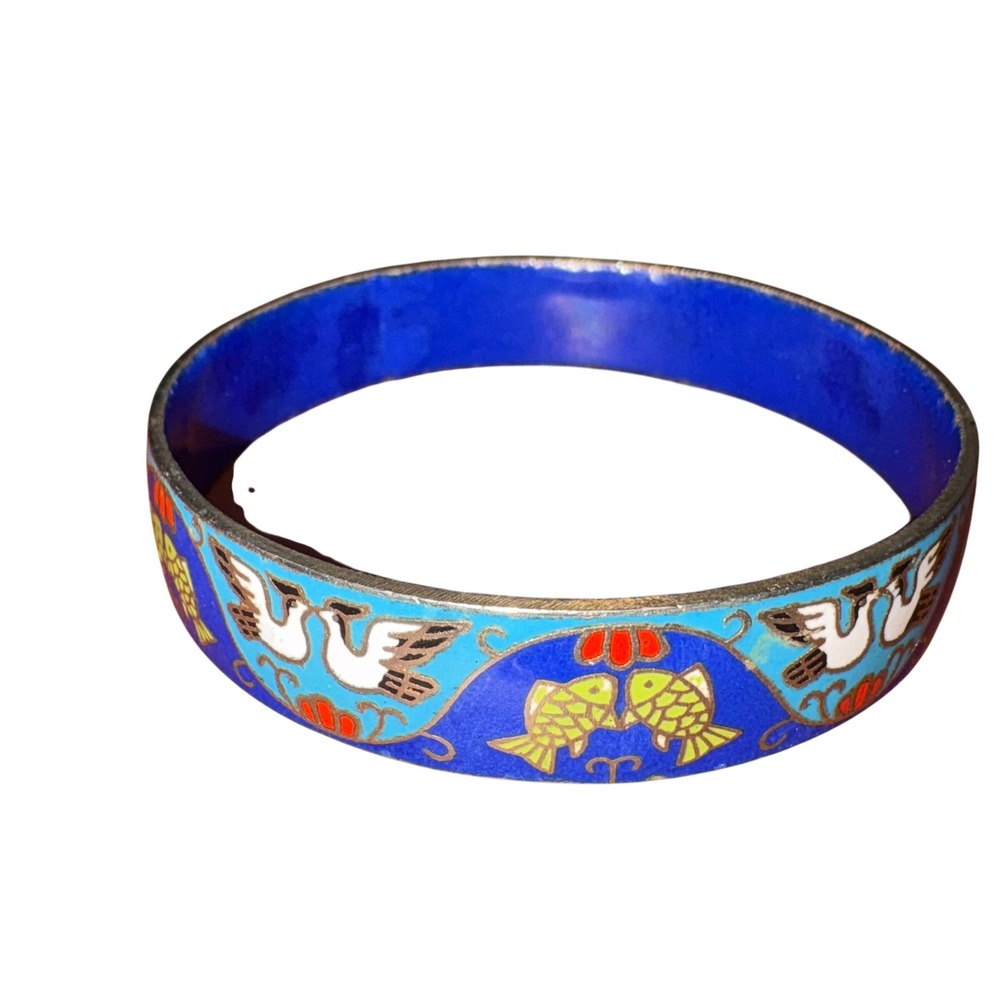 VTG Cloisonne Enamel Bangle Bracelet Blue Crane Fish Floral Motif Asian Art Deco